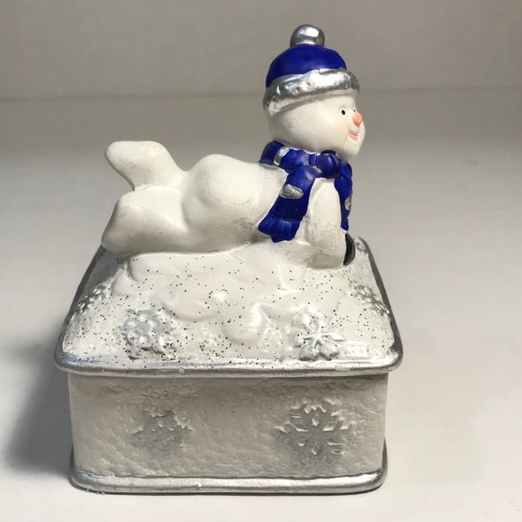 Vintage Ceramic Snowman Snowflake Christmas Trinket Box Jewelry Blue WhiteSilver - Picture 6 of 16